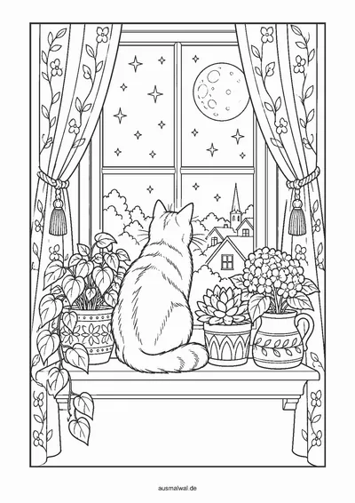 Ausmalbild: Katze sitzt auf der Fensterbank zwischen Topfpflanzen, draußen Mond und Sterne