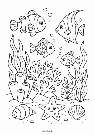 Ausmalbild: mehrere Fische schwimmen um Korallen, auf dem Sand liegen Seestern und Muscheln