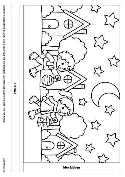 Ausmalbild: Bastelvorlage für eine Laterne, langes Bild mit Häusern, Bäumen, Mond und Sternen, dazu Klebefläche und Henkelstreifen