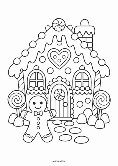 Ausmalbild: Lebkuchenhaus mit Zuckerguss auf dem Dach, Süßigkeiten und einem Lebkuchenmann davor