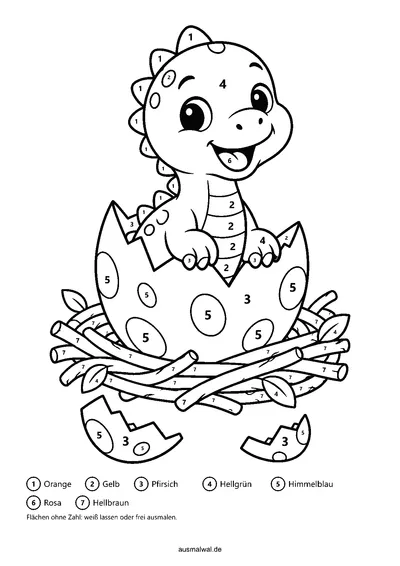 Ausmalbild: Malen nach Zahlen, Dino-Baby schlüpft lachend aus einem Ei im Nest, mit Zahlen in den Flächen und Farbschlüssel