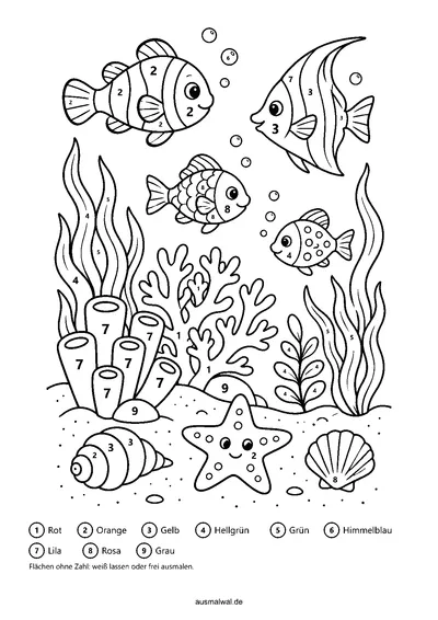 Ausmalbild: Malen nach Zahlen, mehrere Fische schwimmen um Korallen, auf dem Sand liegen Seestern und Muscheln, mit Zahlen in den Flächen und Farbschlüssel