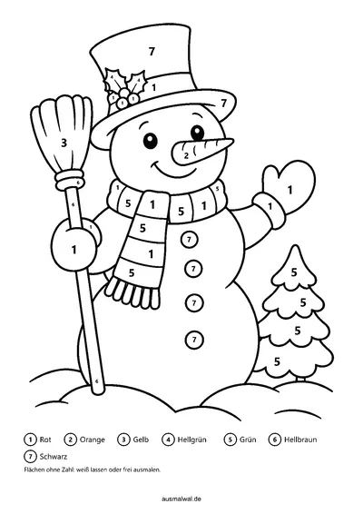Ausmalbild: Malen nach Zahlen, fröhlicher Schneemann mit Karottennase, Hut, Schal und Besen im Schnee, mit Zahlen in den Flächen und Farbschlüssel
