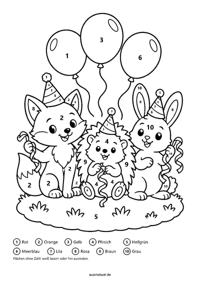 Ausmalbild: Malen nach Zahlen, Fuchs, Igel und Hase mit Partyhüten und Luftballons, mit Zahlen in den Flächen und Farbschlüssel