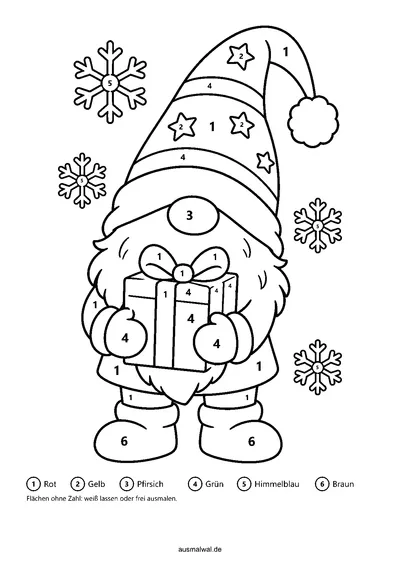 Ausmalbild: Malen nach Zahlen, Weihnachtswichtel mit langer Zipfelmütze und Bart trägt ein Geschenk, mit Zahlen in den Flächen und Farbschlüssel