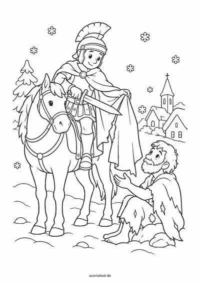 Ausmalbild: Sankt Martin auf dem Pferd teilt seinen Mantel mit einem Bettler im Schnee