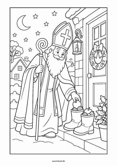 Ausmalbild: Nikolaus mit Mitra beugt sich nachts zu zwei Stiefeln vor einer Tür und legt Äpfel und Nüsse hinein