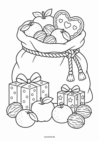 Ausmalbild: voller Nikolaussack mit Äpfeln, Walnüssen, Mandarinen, Lebkuchenherz und kleinen Geschenken