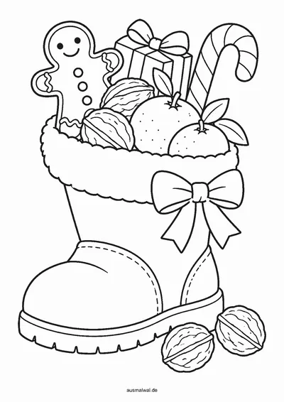 Ausmalbild: Stiefel gefüllt mit Nüssen, Mandarinen, einem Lebkuchen und einem kleinen Geschenk