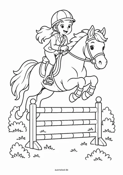 Ausmalbild: Pferd mit Reiterin springt über ein Hindernis