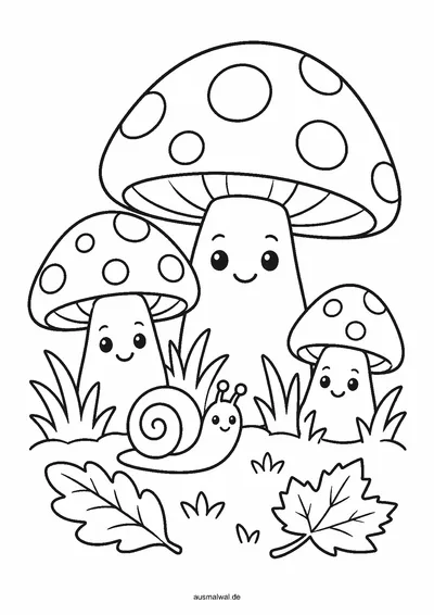 Ausmalbild: drei Pilze mit Punkten auf dem Waldboden, daneben Moos und eine Schnecke