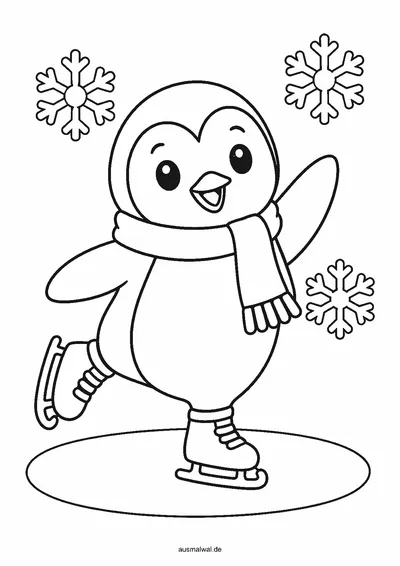 Ausmalbild: Pinguin mit Schal läuft auf Schlittschuhen über das Eis, ein Flügel ist erhoben