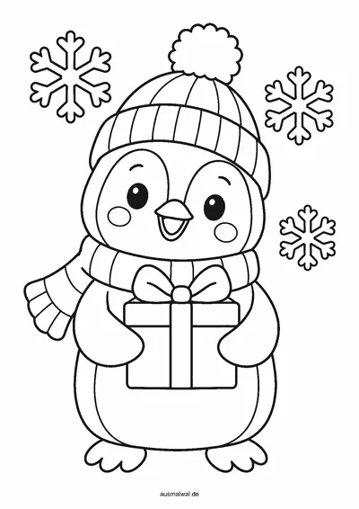 Ausmalbild: Pinguin mit Strickmütze und Schal hält ein Geschenk, Schneeflocken ringsum