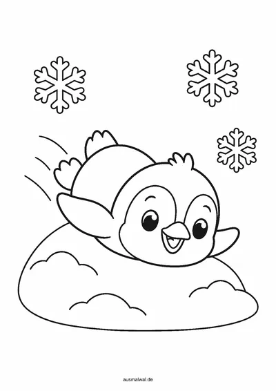 Ausmalbild: kleiner Pinguin rutscht auf dem Bauch einen Schneehügel hinunter
