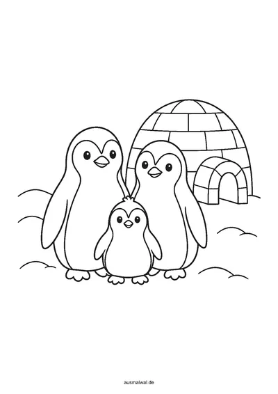 Ausmalbild: drei Pinguine stehen im Schnee vor einem Iglu