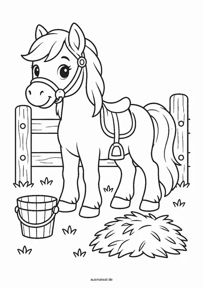 Ausmalbild: Pony mit Sattel und Zaumzeug steht am Zaun, daneben Eimer und Heu