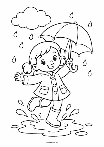 Ausmalbild: Kind mit Regenschirm und Gummistiefeln springt in eine Pfütze