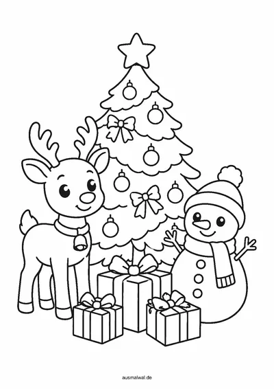 Ausmalbild: Rentier und Schneemann neben einem geschmückten Weihnachtsbaum mit Geschenken