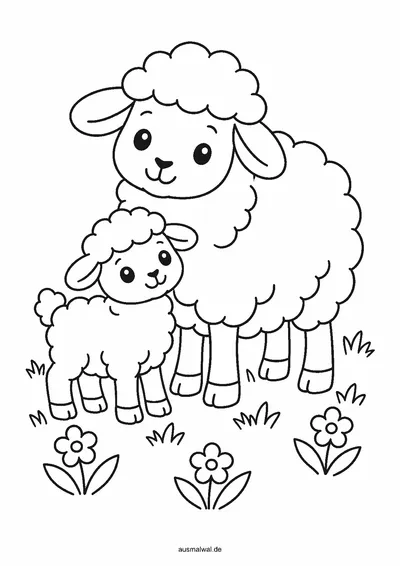 Ausmalbild: wolliges Schaf mit einem Lamm auf der Wiese