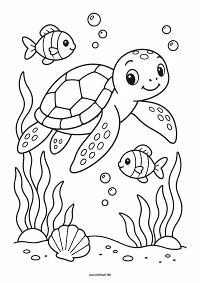 Ausmalbild: Meeresschildkröte schwimmt zwischen Seetang und kleinen Fischen