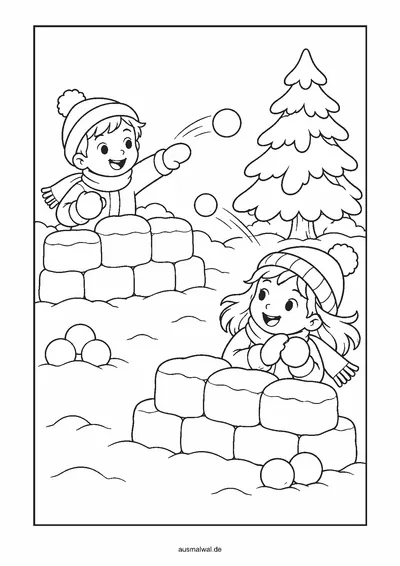 Ausmalbild: zwei Kinder werfen Schneebälle, jedes hinter einer kleinen Mauer aus Schneeblöcken