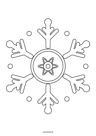 Ausmalbild: Schneeflocke als Mandala mit sechs Armen und Zweigen, in der Mitte ein rundes, symmetrisches Muster