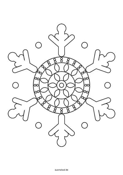 Ausmalbild: Schneeflocke als Mandala mit sechs Armen und Zweigen, in der Mitte ein rundes, symmetrisches Muster