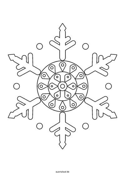 Ausmalbild: Schneeflocke als Mandala mit sechs Armen und Zweigen, in der Mitte ein rundes, symmetrisches Muster