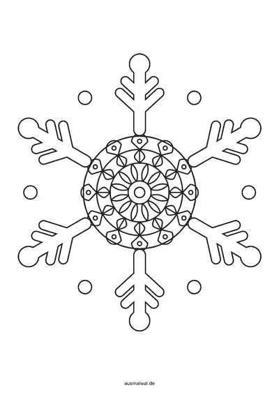 Ausmalbild: Schneeflocke als Mandala mit sechs Armen und Zweigen, in der Mitte ein rundes, symmetrisches Muster