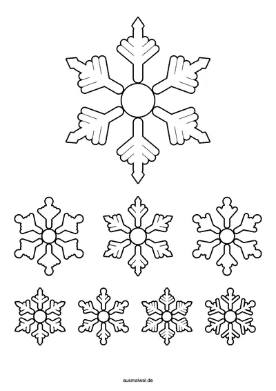 Ausmalbild: acht Schneeflocken mit sechs Armen in drei Größen als Vorlage zum Ausschneiden