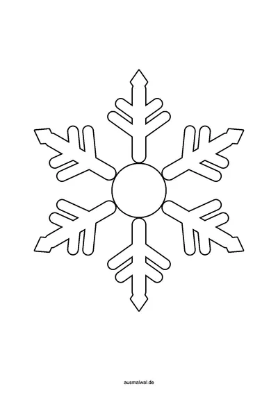 Ausmalbild: große Schneeflocke mit sechs Armen, Zweigen und spitzen Enden als Vorlage zum Ausschneiden