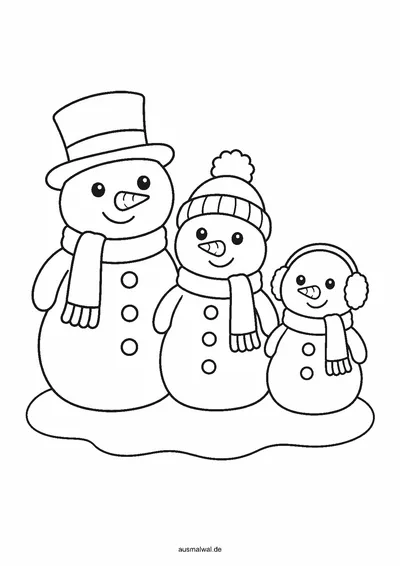 Ausmalbild: drei Schneemänner in Groß, Mittel und Klein mit Hut, Bommelmütze, Ohrenschützern und Schals im Schnee