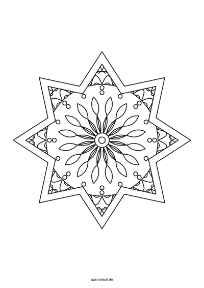 Ausmalbild: Stern mit acht Zacken als Mandala, innen ein symmetrisches Muster aus Blättern, Tropfen und Kreisen, außen ein freier Rand