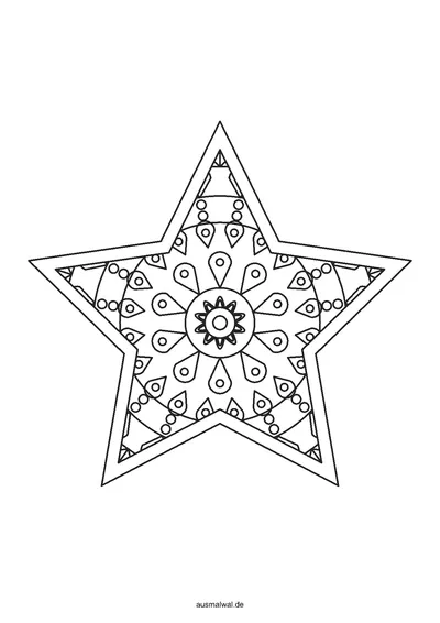 Ausmalbild: Stern mit fünf Zacken als Mandala, innen ein symmetrisches Muster aus Blättern, Tropfen und Kreisen, außen ein freier Rand