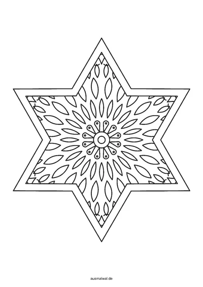 Ausmalbild: Stern mit sechs Zacken als Mandala, innen ein symmetrisches Muster aus Blättern, Tropfen und Kreisen, außen ein freier Rand