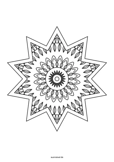 Ausmalbild: Stern mit zehn Zacken als Mandala, innen ein symmetrisches Muster aus Blättern, Tropfen und Kreisen, außen ein freier Rand