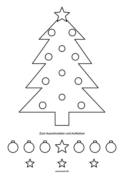 Ausmalbild: Tannenbaum mit Kugeln und Stern, darunter Kugeln und Sterne zum Ausschneiden und Aufkleben