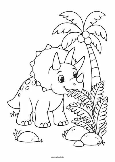 Ausmalbild: freundlicher Triceratops frisst Blätter, daneben Steine und eine Palme