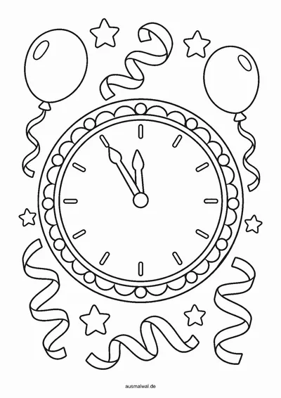 Ausmalbild: große runde Wanduhr kurz vor Mitternacht, beide Zeiger fast auf zwölf, ringsum Luftschlangen, Sterne und Ballons
