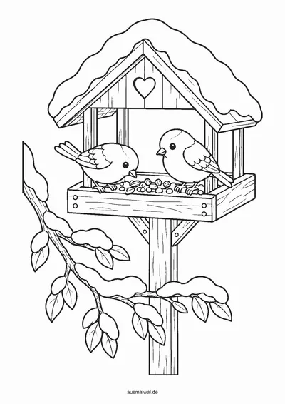 Ausmalbild: Vogelhaus aus Holz mit Schnee auf dem Dach, zwei kleine Vögel fressen Körner
