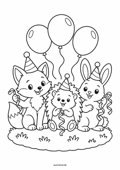 Ausmalbild: Fuchs, Igel und Hase mit Partyhüten, Luftschlangen und Luftballons feiern zusammen