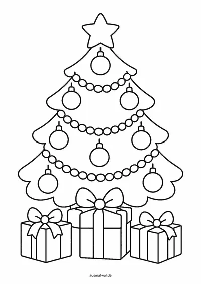 Ausmalbild: Weihnachtsbaum mit Kugeln, Girlande und Stern, darunter Geschenke