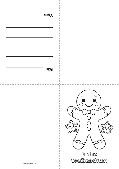 Ausmalbild: Weihnachtskarte zum Falten, vorne der Lebkuchenmann und „Frohe Weihnachten“, innen Zeilen für den Gruß