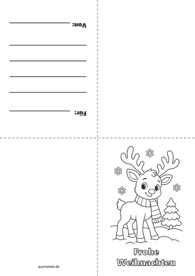 Ausmalbild: Weihnachtskarte zum Falten, vorne das Rentier mit Schal und „Frohe Weihnachten“, innen Zeilen für den Gruß