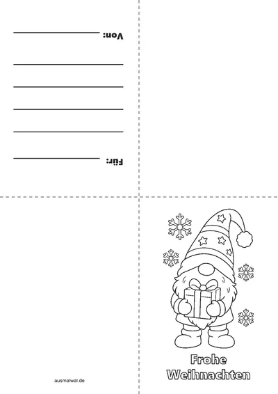 Ausmalbild: Weihnachtskarte zum Falten, vorne der Wichtel mit Geschenk und „Frohe Weihnachten“, innen Zeilen für den Gruß