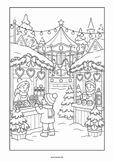 Ausmalbild: Weihnachtsmarkt mit Holzbuden, Lebkuchenherzen, Karussell und Lichterketten