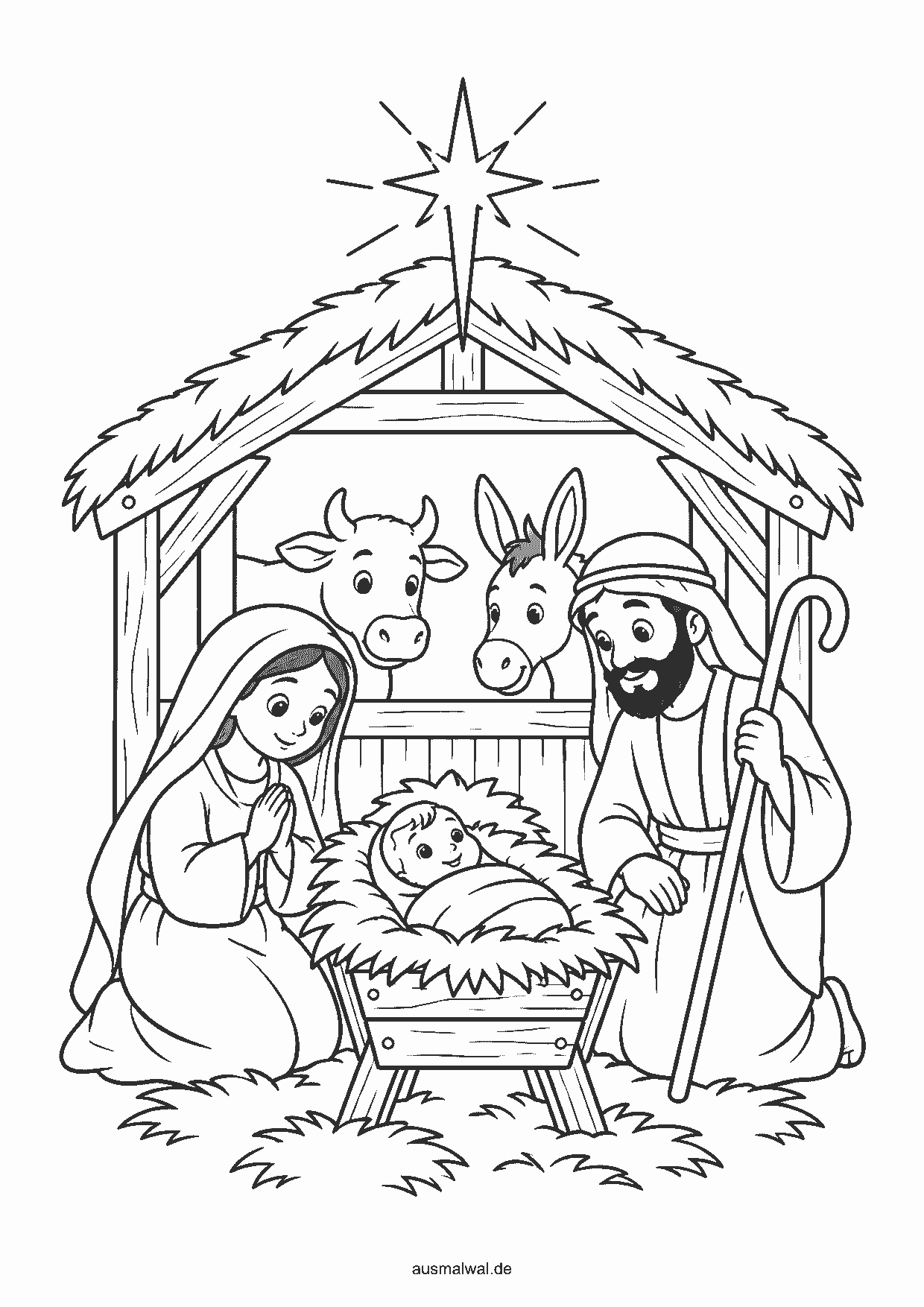 Ausmalbild: Stall mit Maria, Josef und dem Jesuskind in der Krippe, dazu Ochse, Esel und Stern