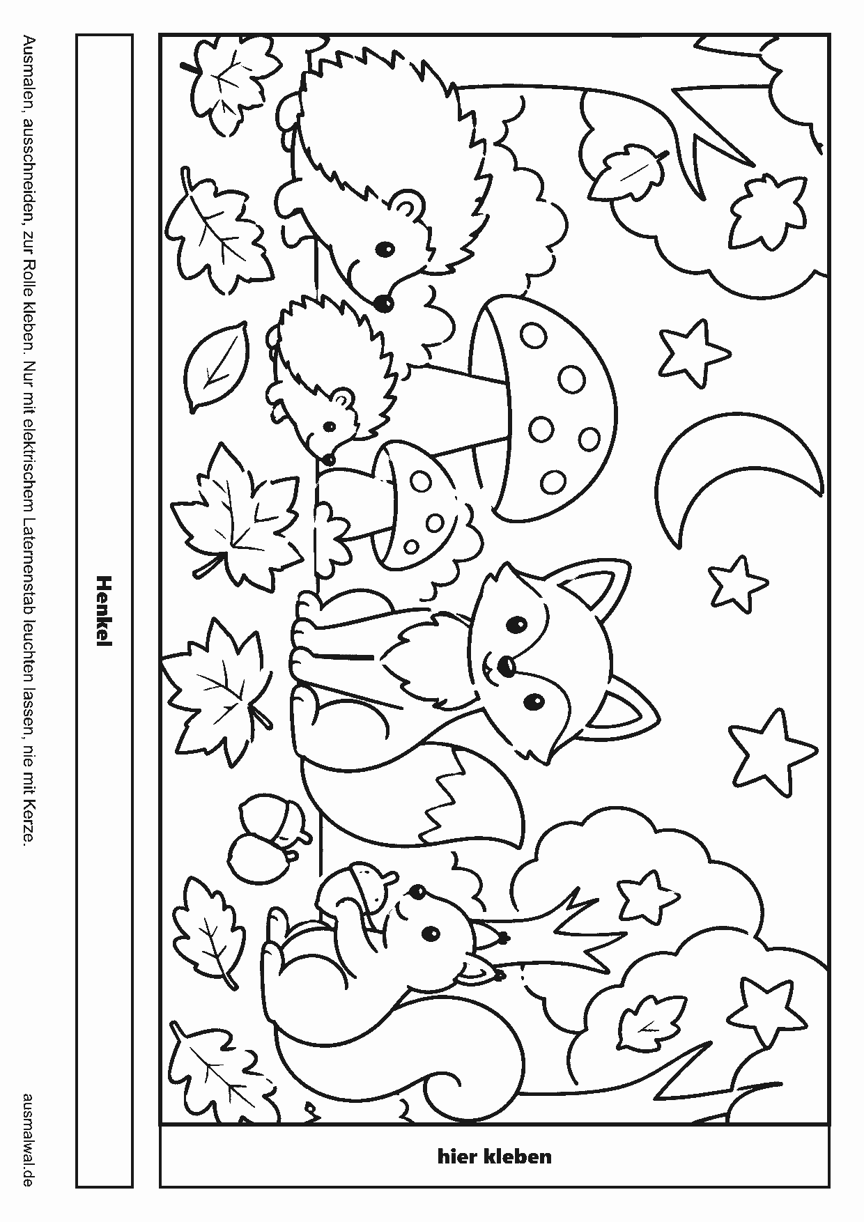Ausmalbild: Bastelvorlage für eine Laterne, langes Bild mit Igeln, Fuchs, Eichhörnchen, Pilzen und Herbstblättern, dazu Klebefläche und Henkelstreifen