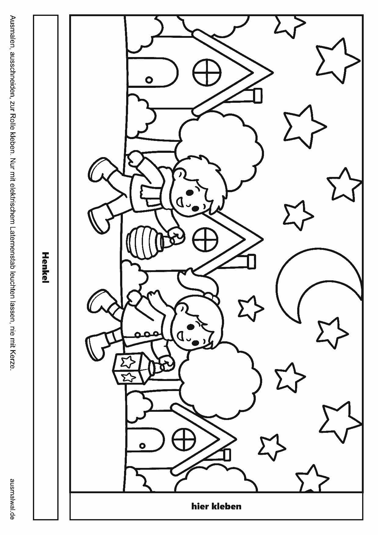 Ausmalbild: Bastelvorlage für eine Laterne, langes Bild mit Häusern, Bäumen, Mond und Sternen, dazu Klebefläche und Henkelstreifen
