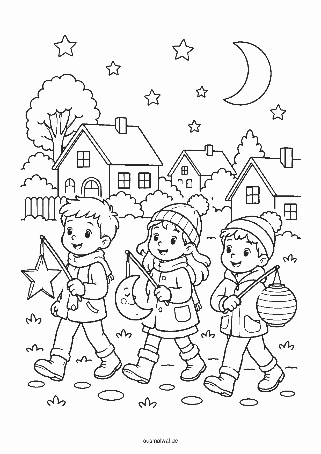 Ausmalbild: drei Kinder laufen mit Laternen durch die Nacht, über ihnen Mond und Sterne